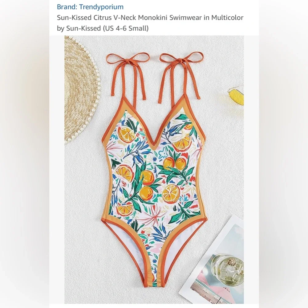 Amazon Sun-Kissed Citrus V-Neck One Piece Swimsuit-‎ L